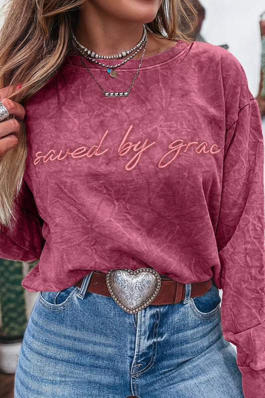 Saved by Grace Embroidery Berry Mineral Wash Loose Sweatshirt